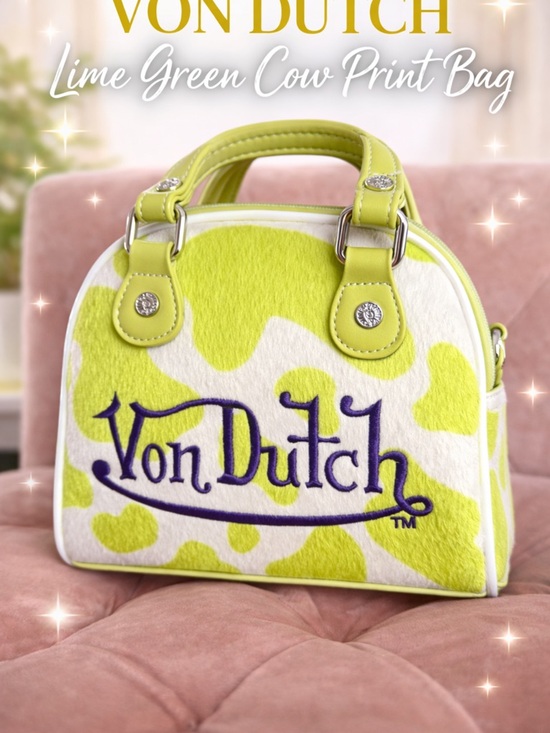Von Dutch Handbags - Von Dutch Lime Green and White Cow-Print Mini Handbag with Purple Logo